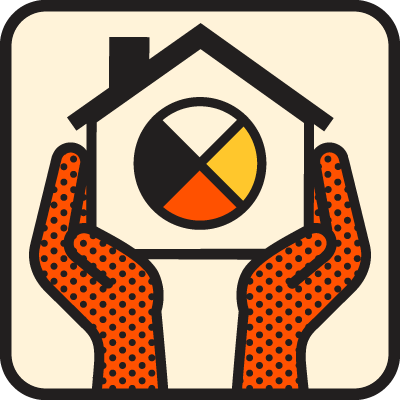 An icon with 2 hands holding a house that has a medicine wheel in the middle